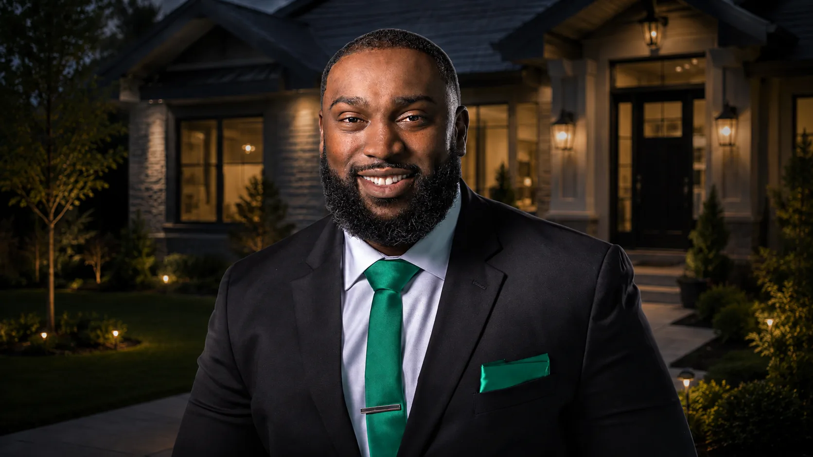 Renaldo Wilson, USMC Retired — Founder and VA Loan Specialist at Veterans Direct Mortgage — standing in front of a home at dusk